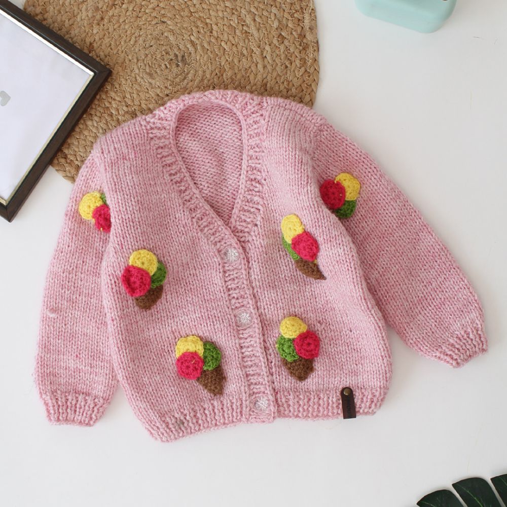 Dusty Pink Colored With Multicolored Pom-Pom Emboidery Sweater